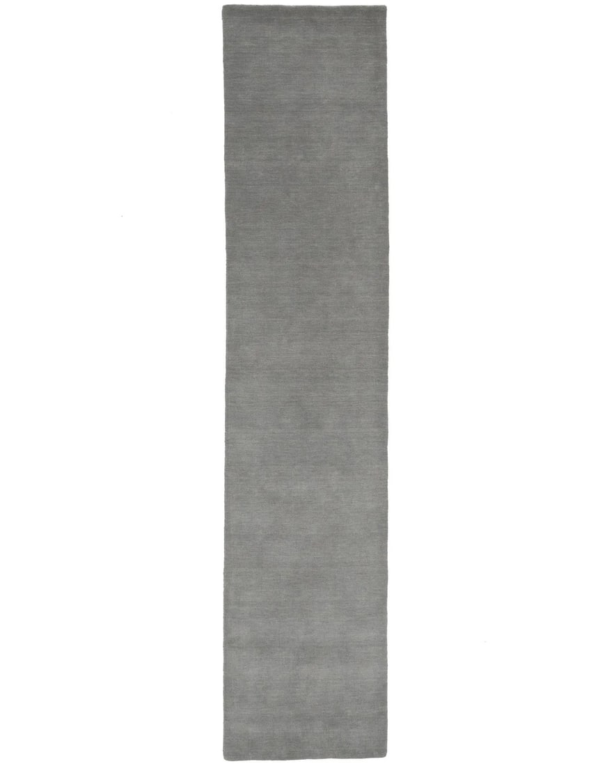 Gray Wool Hand-Loomed Modern Runner Rug 2'7 x 12'0: Gray Wool Hand-Loomed Modern Runner Rug 2'7 x 12'0 This gray hand-loomed Gabbeh wool runner rug features a solid modern design, ideal for hallways or kitchens. Crafted in India and handmade from wool,