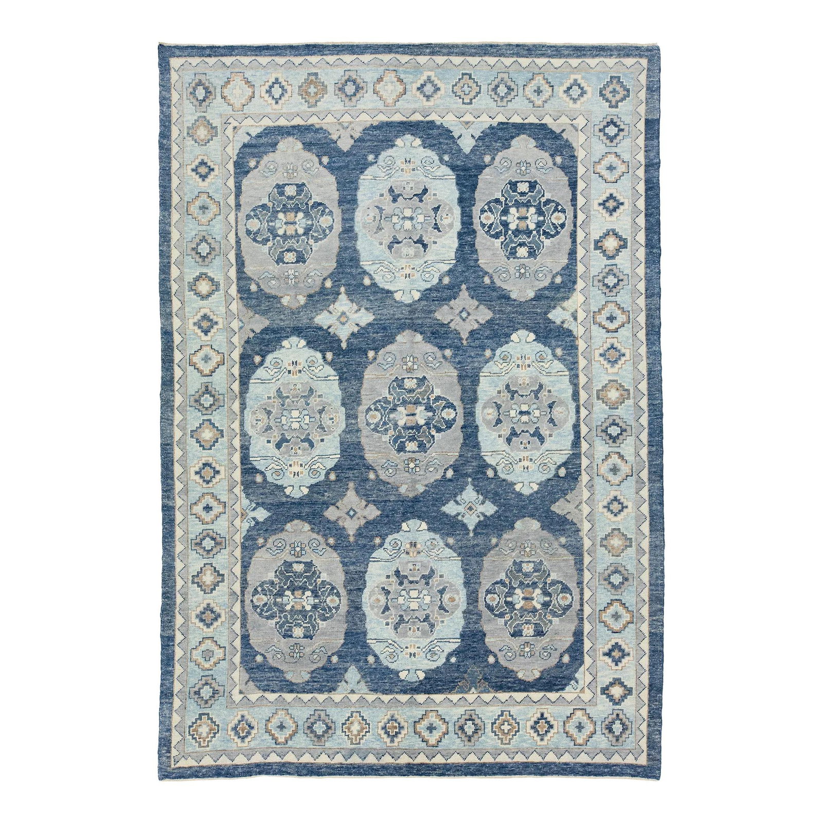 Turkish Oushak Wool Rug Blue Hand-Knotted 9'1 x 13'4: Turkish Oushak Wool Rug Blue Hand-Knotted 9'1 x 13'4 Elevate your living space with this stunning hand-knotted wool rug, showcasing a vibrant blue base adorned with an eye-catching gray and ivory patt