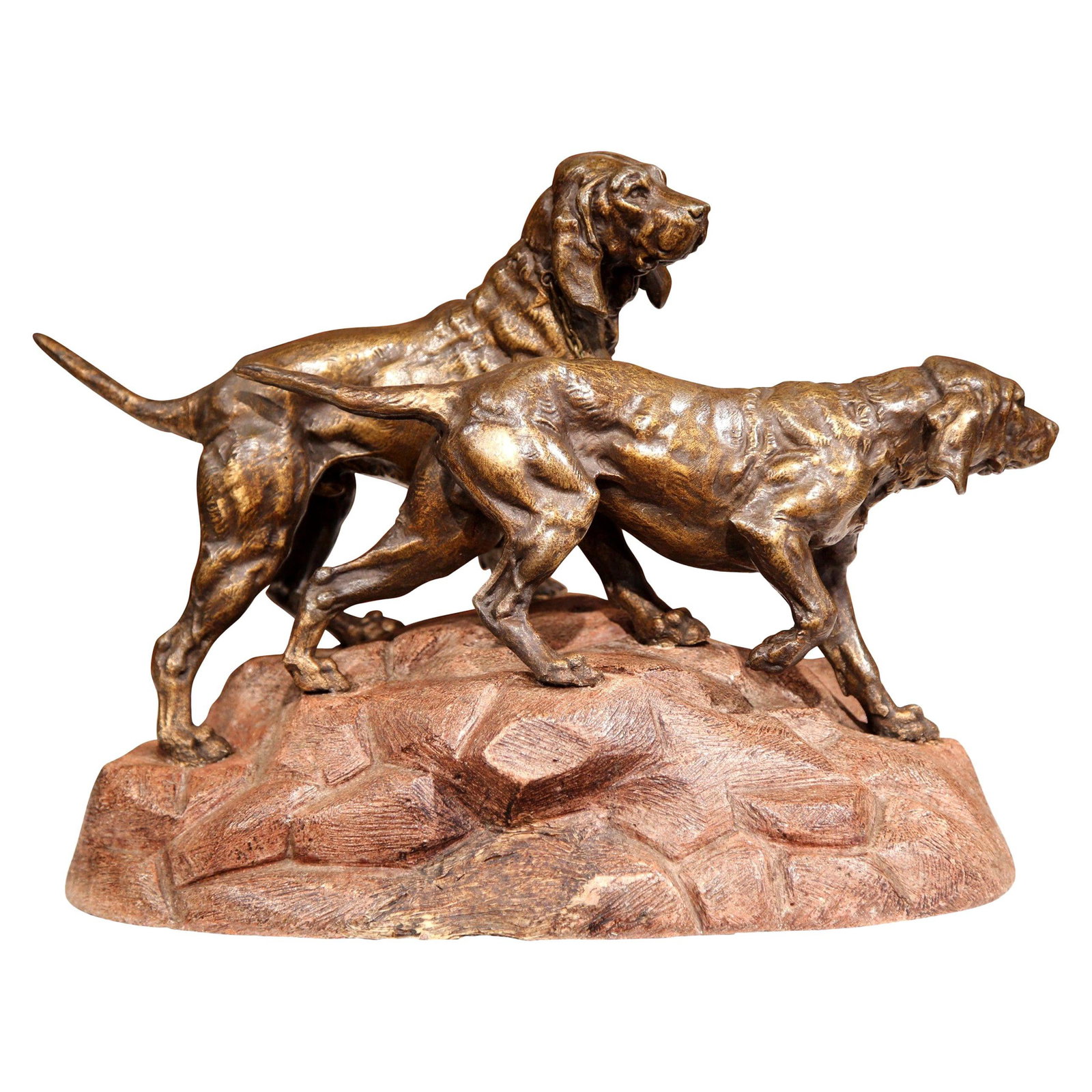 French spelter hunting dog sculpture on terracotta base: French spelter hunting dog sculpture on terracotta base This late 19th-century French sculpture features two hunting dogs in dynamic motion, crafted from spelter and mounted on a terracotta base. The 
