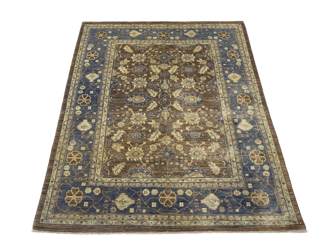 Handmade Muted Floral Afghan Carpet 4'9 x 6'3 Eco Friendly Wool Rug: Handmade Muted Floral Afghan Carpet 4'9 x 6'3 Eco Friendly Wool Rug Enhance your living space with this stunning muted distressed Afghan Oriental rug, featuring a beautiful floral design. Handcrafted 