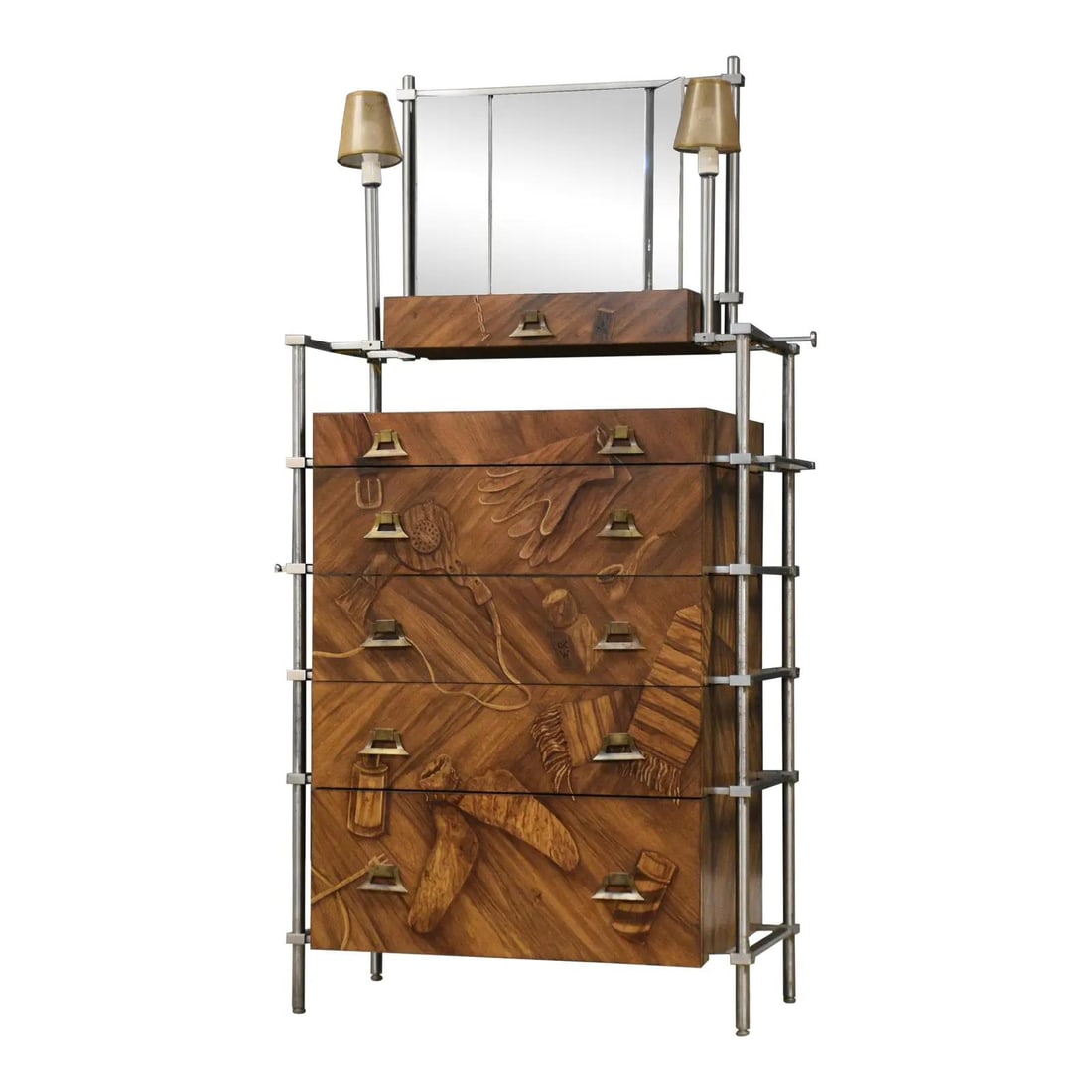 1990s Alpha Workshop Trompe l'Oeil Gentleman's Dresser Unique Design: 1990s Alpha Workshop Trompe l'Oeil Gentleman's Dresser Unique Design This unique gentleman's dresser, designed by Alpha Workshop in the 1990s, features a captivating faux bois and trompe l'oeil design