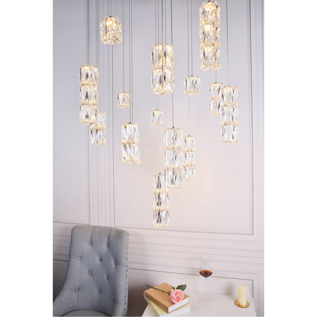 Polaris 16 Light Crystal Pendant Chandelier 28 Inch Chrome: Polaris 16 Light Crystal Pendant Chandelier 28 Inch Chrome This modern pendant chandelier features a polished chrome finish and is adorned with high-quality Royal Cut clear crystals. Designed for vers