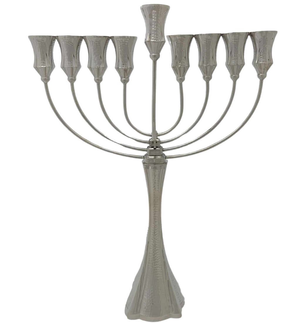 Elegant 20.25" 925 Sterling Silver Handmade Modern Menorah: Elegant 20.25" 925 Sterling Silver Handmade Modern Menorah This elegant menorah is crafted from 925 sterling silver and features a modern hammered design that is both shiny and sleek. Perfect for cele