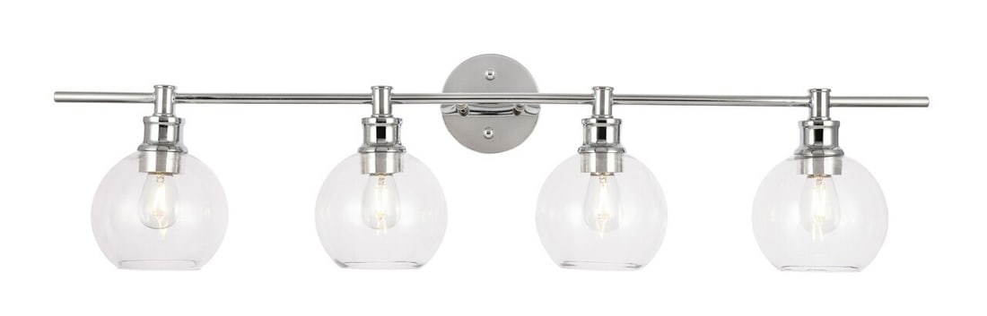 Collier 4 Light Chrome Glass Wall Sconce: Collier 4 Light Chrome Glass Wall Sconce This modern wall sconce from the Collier Collection features a polished chrome finish and clear glass round shades. Designed for indoor use, it measures 37.6 i