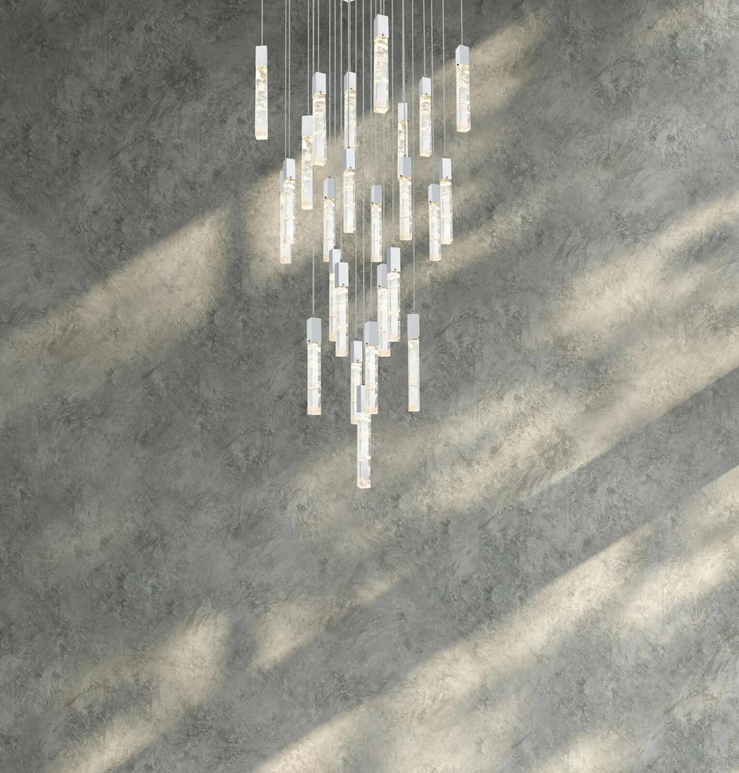 Aurora 25 Light Crystal Pendant Chrome 36 in: Aurora 25 Light Crystal Pendant Chrome 36 in Modern crystal pendant chandelier with a chrome plated finish, designed for indoor use in dining rooms, foyers, entryways, and other listed rooms. It featu
