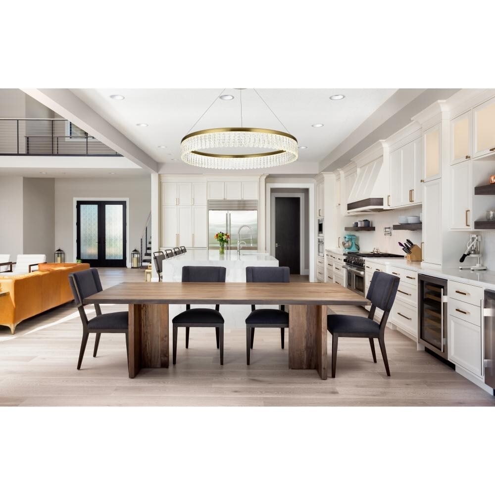 Rune Satin Gold LED Crystal Chandelier 32 Inch Adjustable Height: Rune Satin Gold LED Crystal Chandelier 32 Inch Adjustable Height Elevate your space with this modern 32-inch chandelier, designed for contemporary foyers, dining rooms, living rooms, bathrooms, and mo