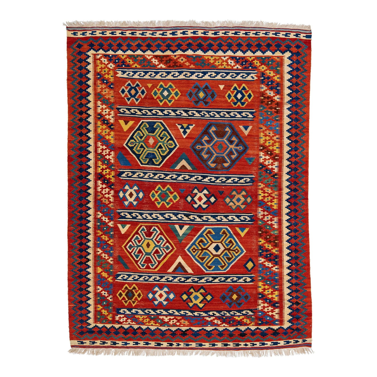 Handmade Modern Kilim Wool Rug Multicolor Geometric Design 5'4 x 7'2: Handmade Modern Kilim Wool Rug Multicolor Geometric Design 5'4 x 7'2 Add a touch of modern elegance to your home with this stunning hand-knotted Kilim wool rug. Featuring a vibrant multicolor accent s