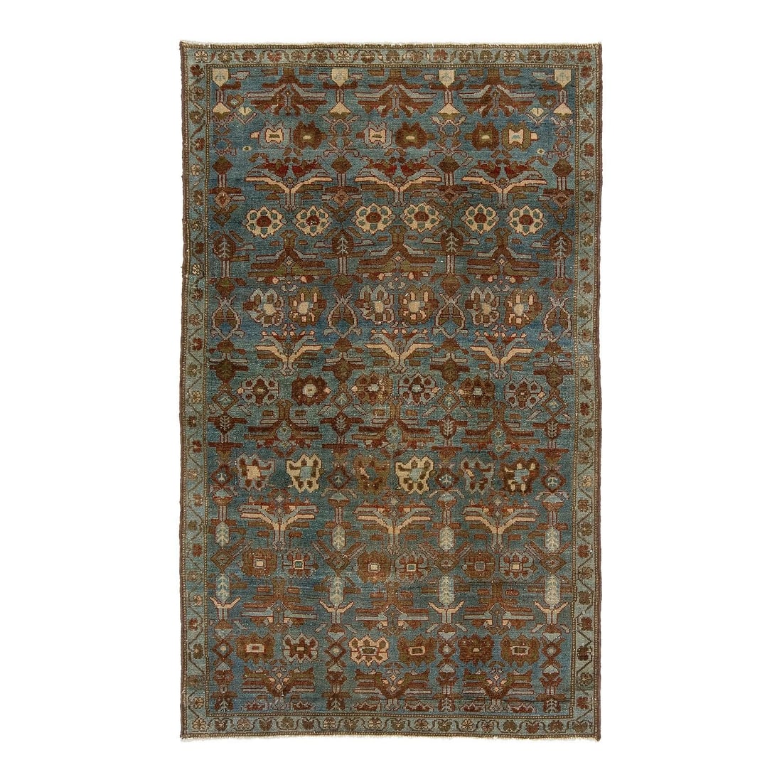 3'8" x 6'1" Hand Knotted Wool Rug Bidjar Style Steel Blue Rust: 3'8" x 6'1" Hand Knotted Wool Rug Bidjar Style Steel Blue Rust Antique-inspired Bidjar style hand-knotted wool rug with an all-over geometric floral motif in a steel blue field, accented by rust, oliv