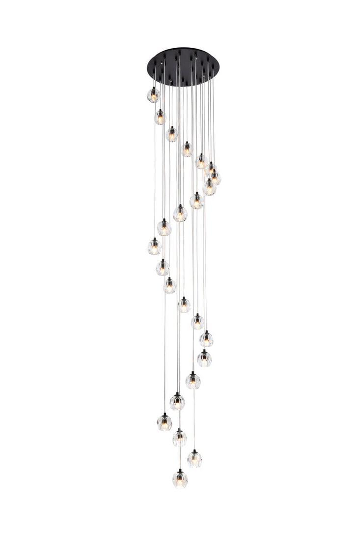 Eren 24 Light Black Crystal Pendant Ceiling Fixture: Eren 24 Light Black Crystal Pendant Ceiling Fixture Modern black foyer pendant chandelier with 24 lights, featuring crystal glass shades and a black finish. It is hardwired, height adjustable, and dim