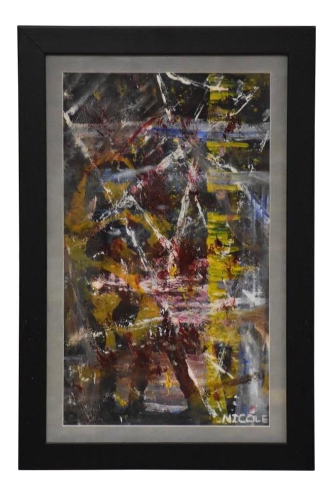 1970s Colorful Abstract Oil Painting by Nicole in Black Frame: 1970s Colorful Abstract Oil Painting by Nicole in Black Frame This striking 1970s abstract oil painting, signed by the artist Nicole, showcases a vibrant array of colors that will enhance any space. T