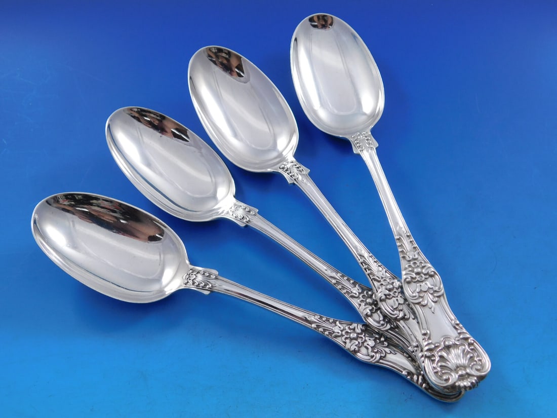 Tiffany & Co English King Sterling Silver Serving Spoon Set of 4: Tiffany & Co English King Sterling Silver Serving Spoon Set of 4 Enhance your dining experience with this exquisite set of English King serving spoons by Tiffany & Co. Crafted from high-quality sterli
