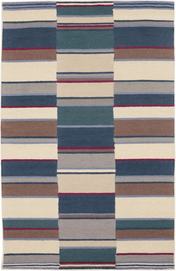 Multicolored Hand-Tufted Wool Area Rug 5x8 Modern Design: Multicolored Hand-Tufted Wool Area Rug 5x8 Modern Design Enhance your space with this stunning Hand-Tufted 5x8 Wool Multicolored Stripes Design Rug. Perfect for a modern boys' room, this area rug comb