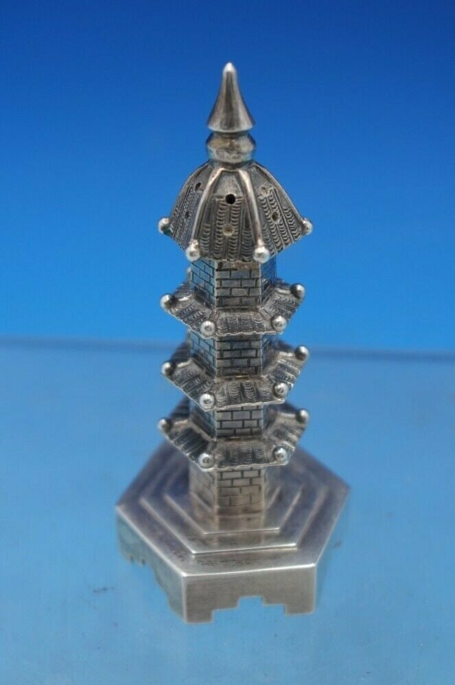 Exquisite .900 Sterling Silver Chinese Export Pepper Shaker Brick Tower c.1890s (1 of 8)