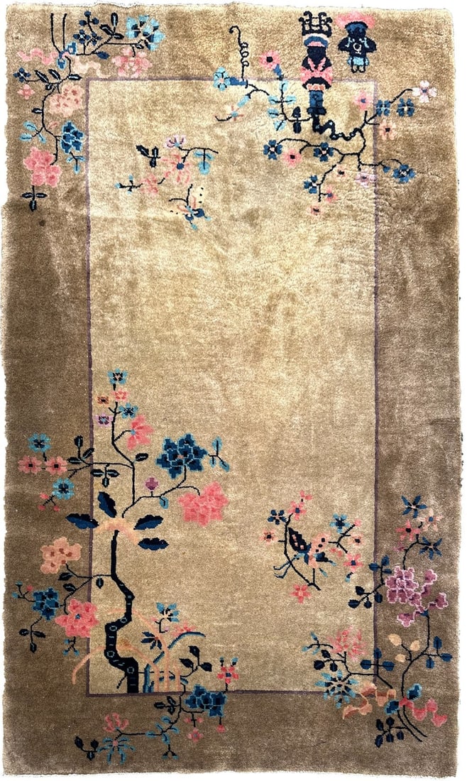 Walter Nichols Art Deco Wool Area Rug 4x7 Beige Tree of Life (1 of 12)