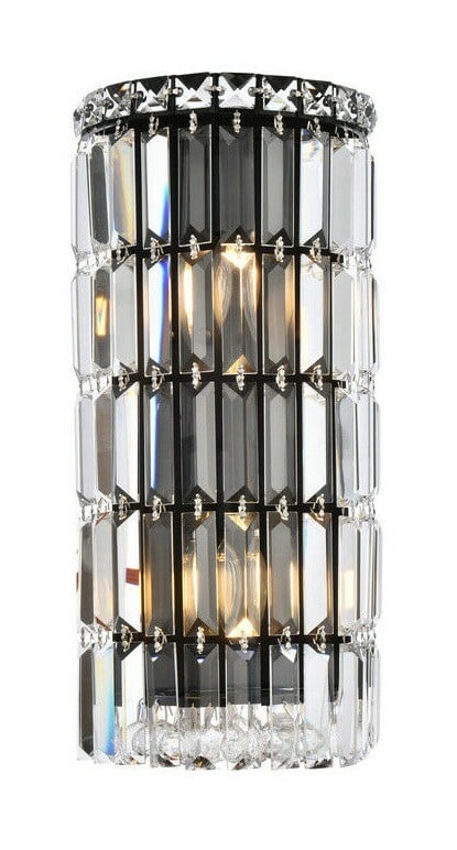 Maxime Black Crystal 2 Light Wall Sconce: Maxime Black Crystal 2 Light Wall Sconce This modern wall sconce features a black and clear finish with royal cut clear crystal accents, making it an elegant lighting solution for bedrooms, bathrooms,