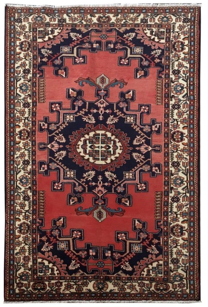 Handwoven Coral Red Ivory Border Persian Hamadan Rug 4.5 x 6.9 ft (1 of 7)
