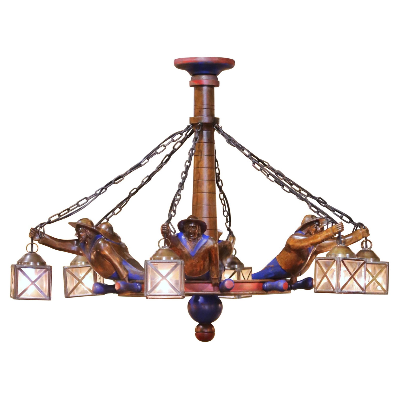Brittany Folk Art 6-Light Chestnut Chandelier Hand-Painted French c 1920 (1 of 12)