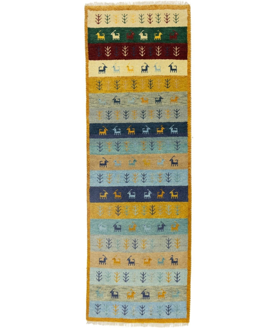 Wool Hand Knotted Tribal Striped Runner Rug 2'6 x 7'11: Wool Hand Knotted Tribal Striped Runner Rug 2'6 x 7'11 This contemporary runner rug features vibrant multicolored stripes in a modern, tribal-inspired design. Hand-knotted from wool in India, it offer