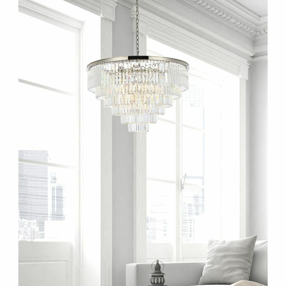 Sydney 33-Light Crystal Chandelier Polished Nickel 44 inch: Sydney 33-Light Crystal Chandelier Polished Nickel 44 inch This large modern chandelier features 33 lights and is crafted with high-quality clear crystals and a polished nickel frame. Designed for con
