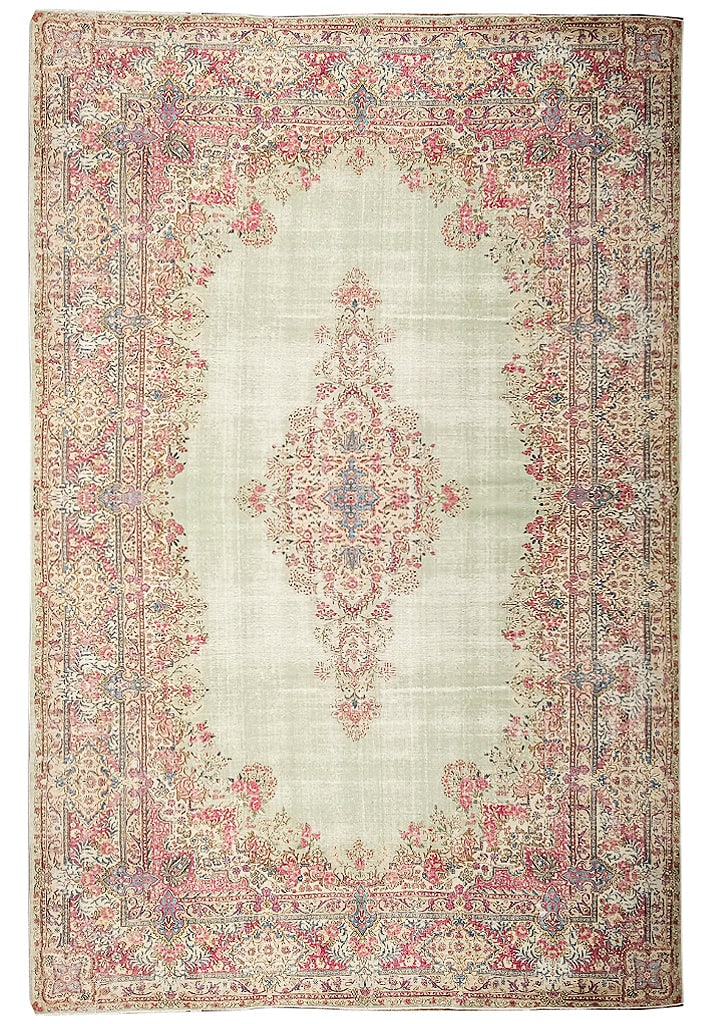 Vintage Persian Kerman Rug 11.1 x 18.11 Light Green Pink Hand-Knotted: Vintage Persian Kerman Rug 11.1 x 18.11 Light Green Pink Hand-Knotted Free continental US Shipping Discover the exquisite elegance of this vintage Persian Kerman rug, measuring 11.1 ft x 18.11 ft (133