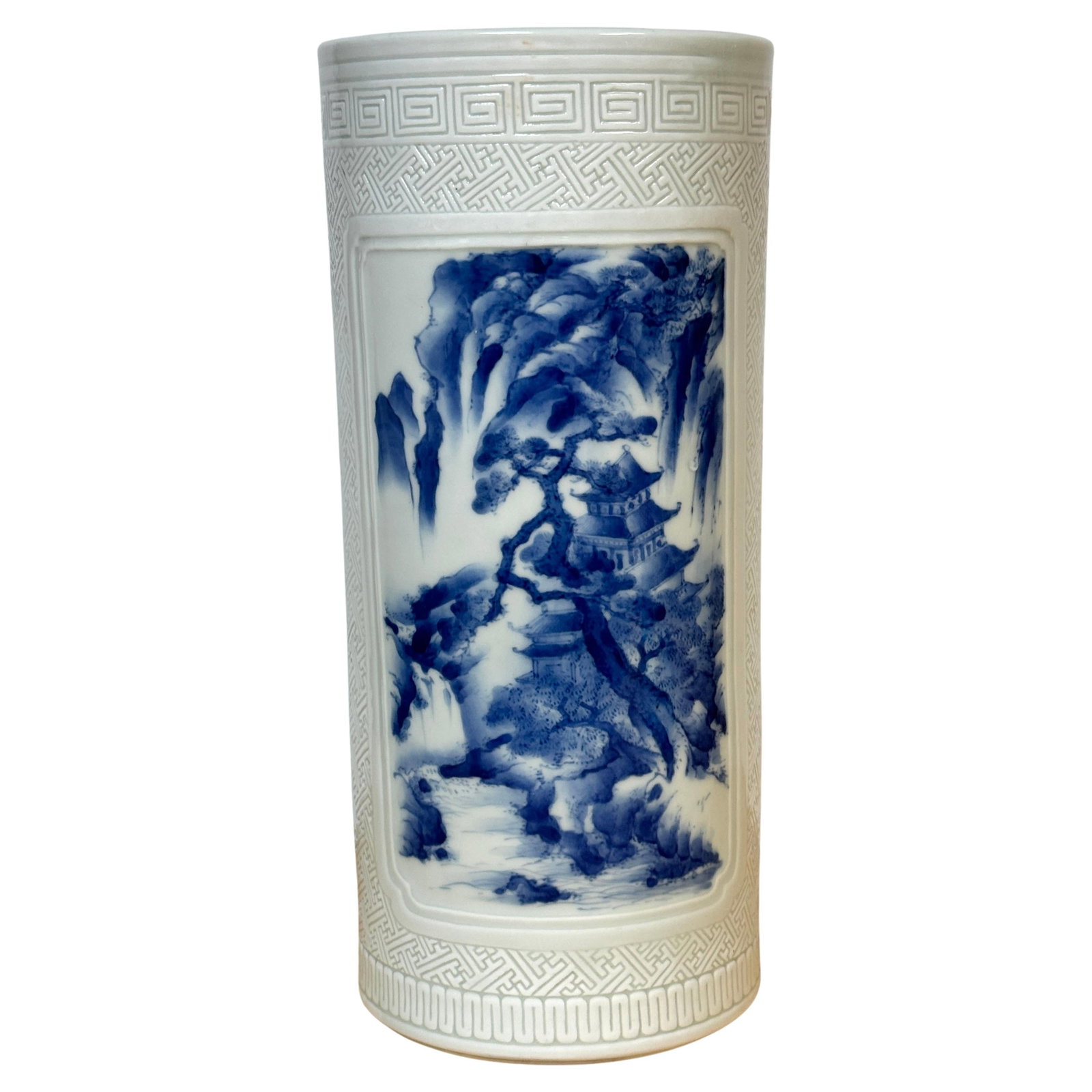 19th Century Chinese Blue and White Incised Porcelain Cylinder Vase: 19th Century Chinese Blue and White Incised Porcelain Cylinder Vase This exquisite 19th-century Chinese Blue & White Incised Porcelain 'Jiangnan Mountain' Cylinder Vase is a remarkable example of Chin