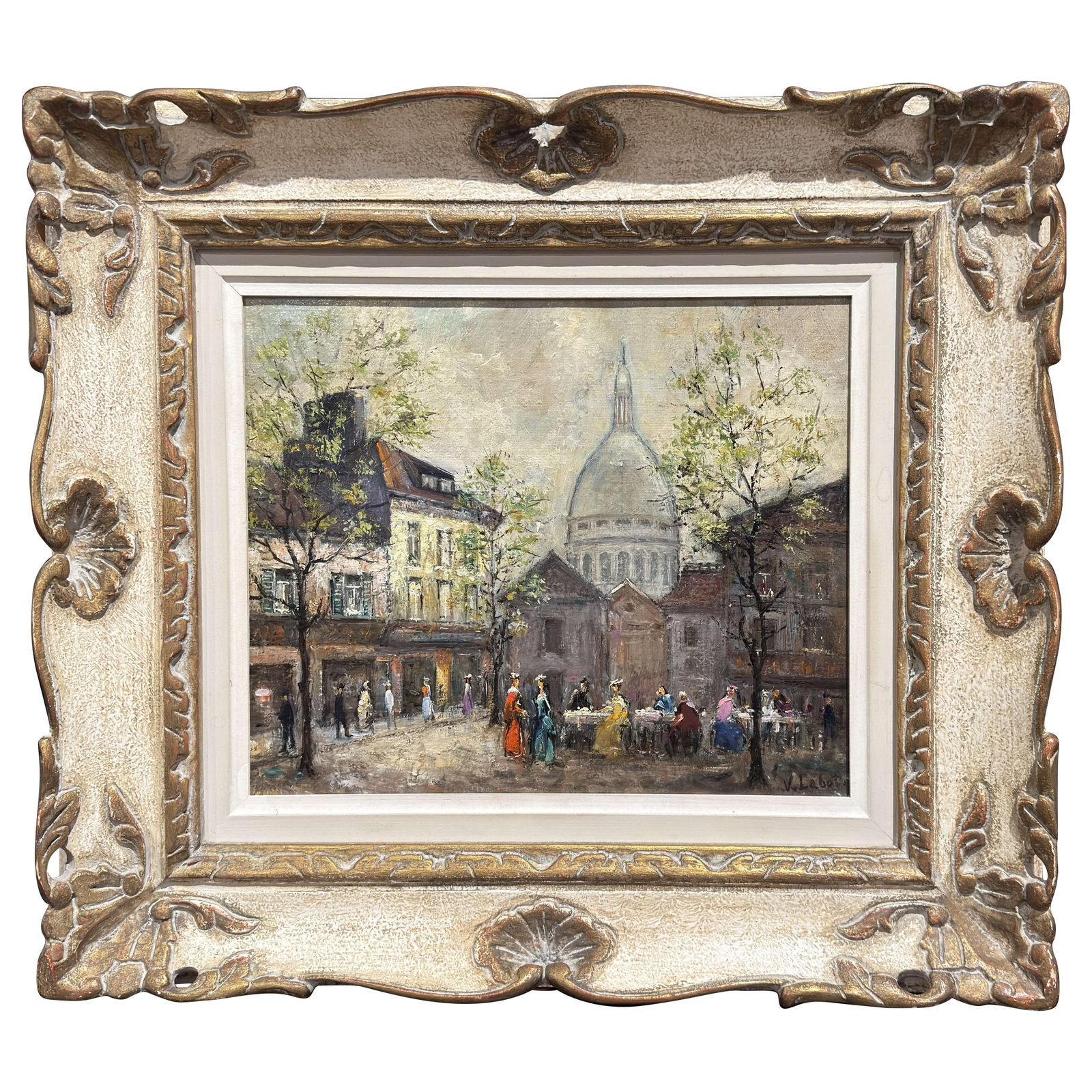Signed V Lebot Montmartre Sacre Coeur Paris Oil Painting Framed: Signed V Lebot Montmartre Sacre Coeur Paris Oil Painting Framed This mid-century oil painting by French artist V. Lebot captures a lively street scene in Montmartre, Paris, with the iconic Sacre-Coeur