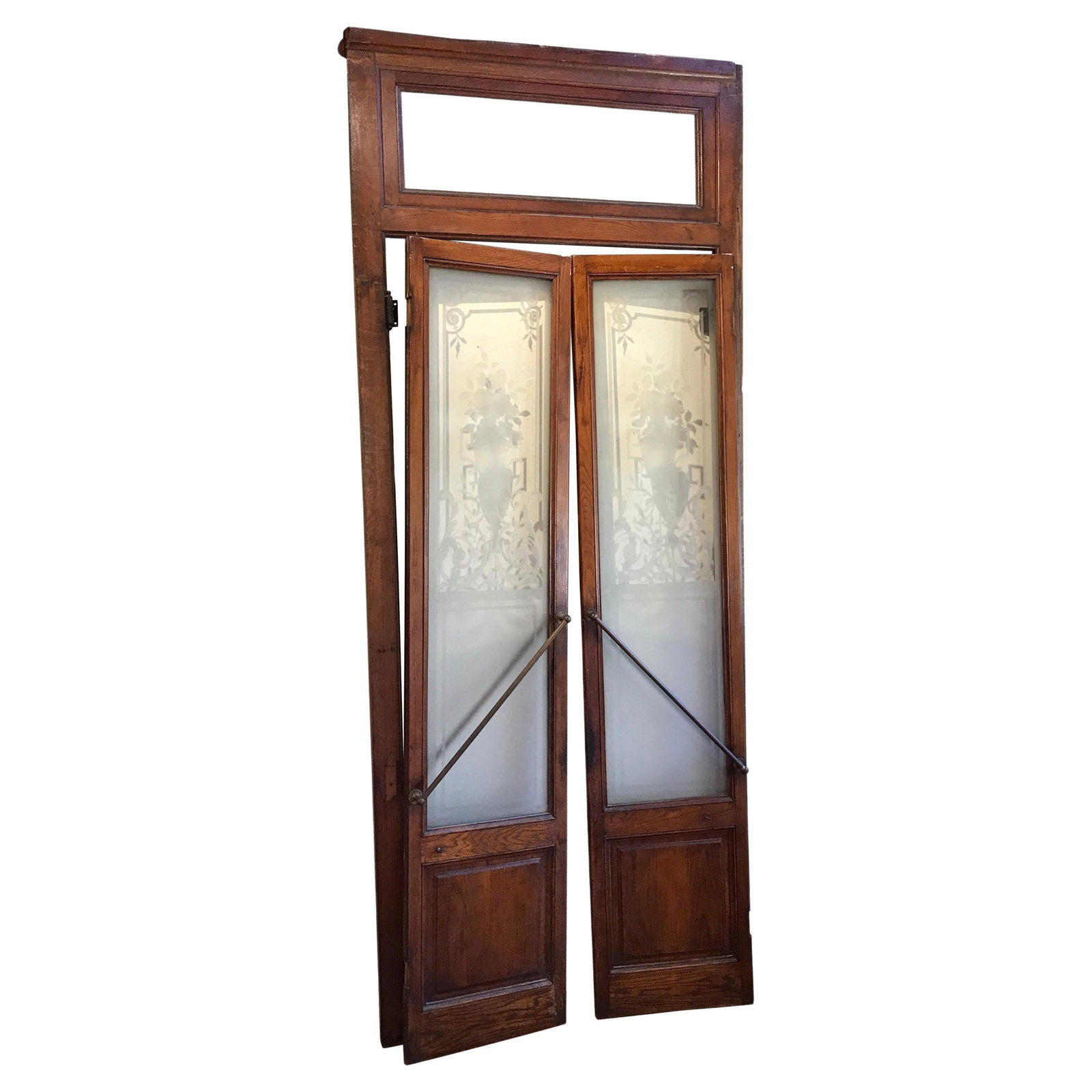 Set of Three French Belle Epoque Acid Etched Glass Bistro Doors with Transom: Set of Three French Belle Epoque Acid Etched Glass Bistro Doors with Transom This set from the Belle Epoque period features a pair of French acid-etched bistro doors and a transom, crafted in Paris be
