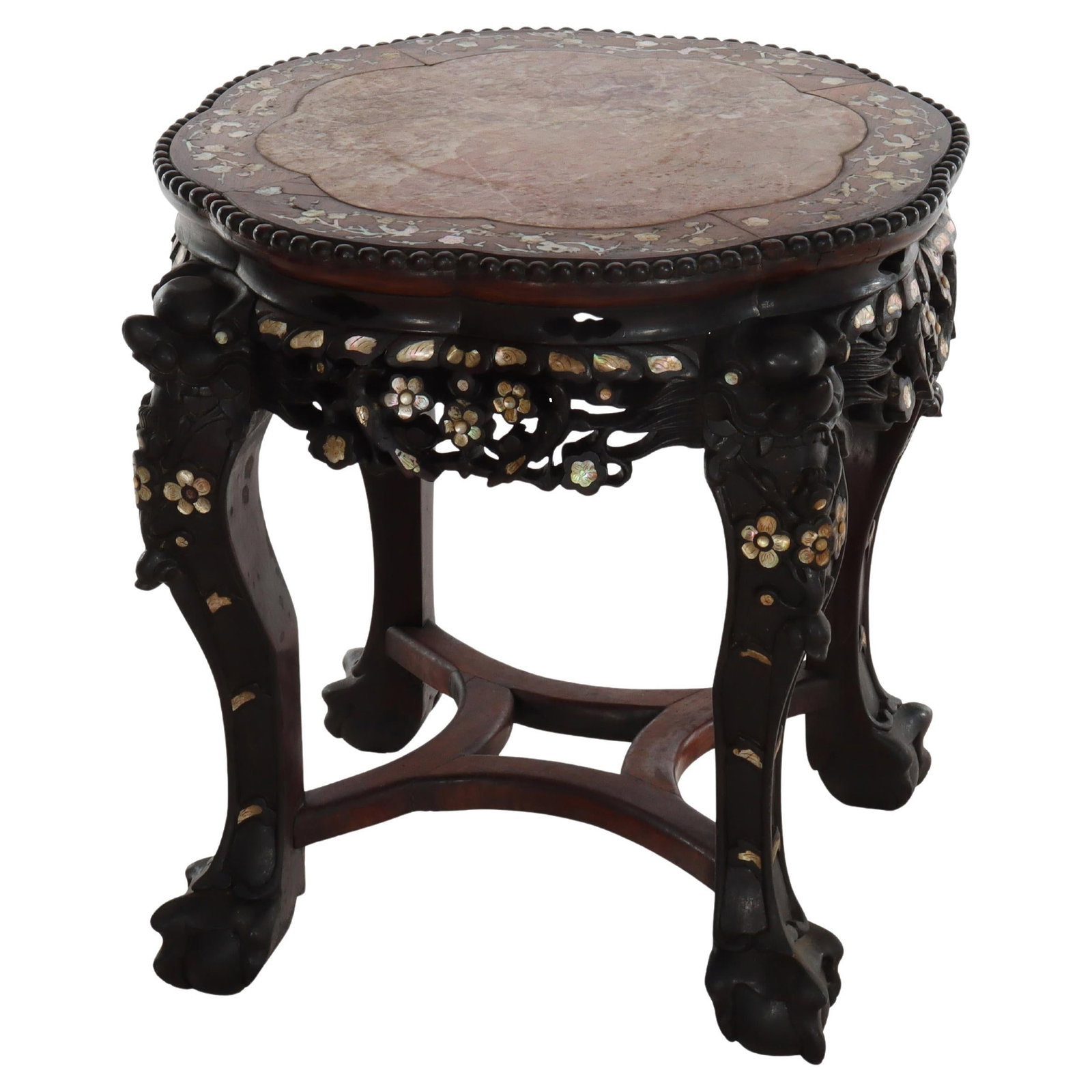 Early 20th Century Rosewood Stand With Mother of Pearl Inset and Rouge Marble Top: Early 20th Century Rosewood Stand With Mother of Pearl Inset and Rouge Marble Top This antique Chinese stand from circa 1920 showcases intricate floral carvings on rosewood and features a top adorned 