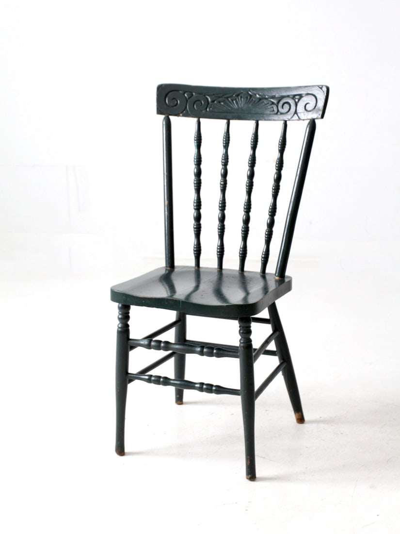 Antique Press Back Chair Forest Green Late Victorian Style: Antique Press Back Chair Forest Green Late Victorian Style This antique press-back wood chair showcases a beautifully decorative pressed crest rail and turned spindles, meticulously painted in a rich 