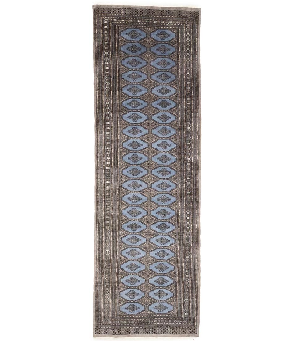 Tribal Wool Hand Knotted Runner 4'3 x 13'0 Geometric Vintage: Tribal Wool Hand Knotted Runner 4'3 x 13'0 Geometric Vintage This hand-knotted wool runner features a vintage-inspired geometric pattern in shades of light blue, gray, cream, and charcoal. Crafted in 