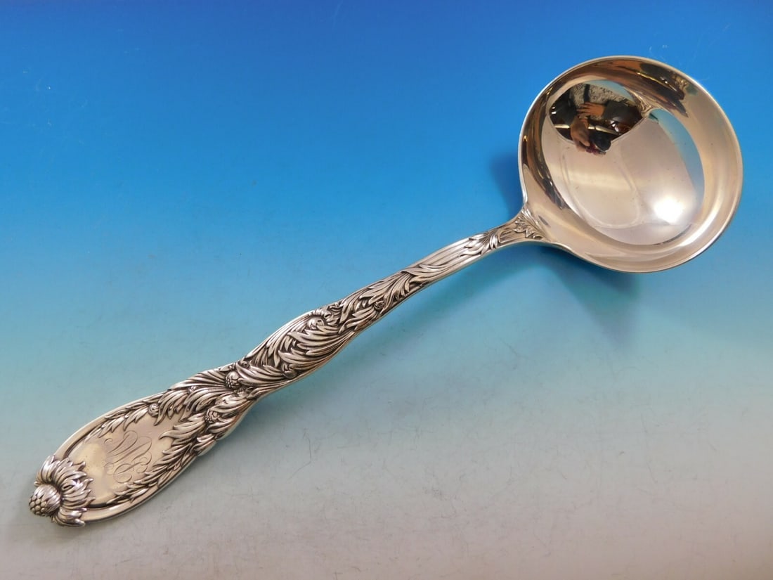 Tiffany & Co. Sterling Silver Soup Ladle Chrysanthemum Pattern 12.5 Inch: Tiffany & Co. Sterling Silver Soup Ladle Chrysanthemum Pattern 12.5 Inch This is a pre-owned Tiffany & Co. Chrysanthemum pattern soup ladle crafted from sterling silver. Measuring 12 1/2 inches in len