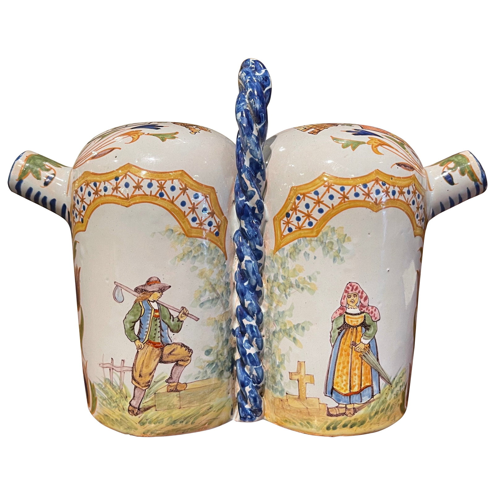 Porquier-Beau Quimper Faience Double Spout Oil Cruet 6.5 in: Porquier-Beau Quimper Faience Double Spout Oil Cruet 6.5 in This late 19th-century Quimper faience double-spout oil cruet was crafted in Brittany, France around 1895 by Porquier-Beau. The conjoined tw