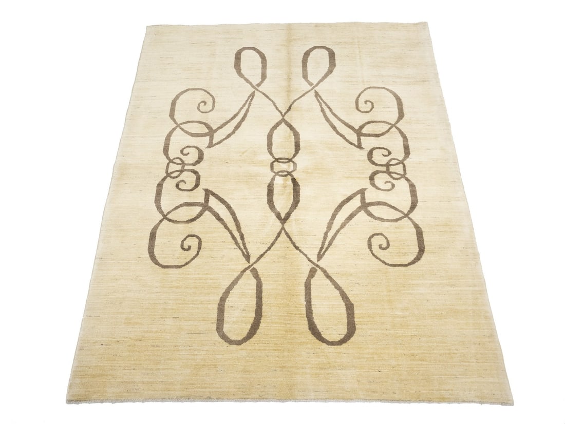 Modern Afghan Gabbeh Wool Rug 4'11 x 6'5 Pictorial Hand-Knotted Carpet: Modern Afghan Gabbeh Wool Rug 4'11 x 6'5 Pictorial Hand-Knotted Carpet This hand-knotted Afghan Gabbeh rug features a pictorial design in cream and brown tones, offering a modern, tribal-inspired look