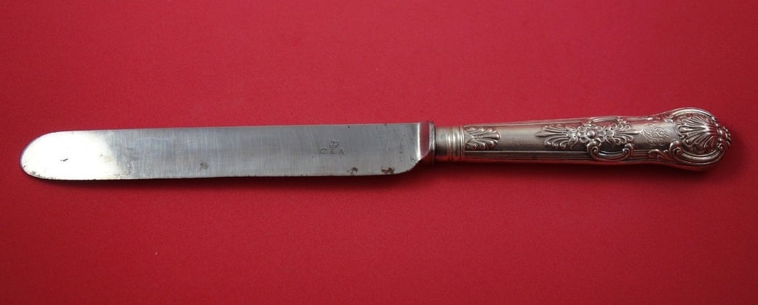 George Adams Queens Sterling Silver Dinner Knife 10 3/4" Monogrammed Flatware: George Adams Queens Sterling Silver Dinner Knife 10 3/4" Monogrammed Flatware This exquisite dinner knife from the Queens pattern by George Adams features a hollow handle and a blunt blade, crafted fr