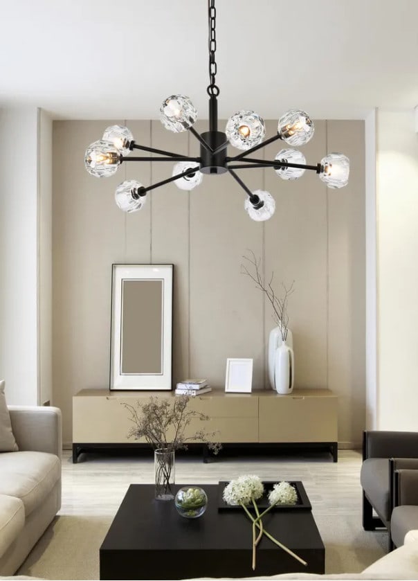 Sputnik Crystal Pendant Chandelier 10 Light Black Graham: Sputnik Crystal Pendant Chandelier 10 Light Black Graham This modern Sputnik-style chandelier features a striking black finish and is designed with ten lights and clear crystal shades. The fixture is 