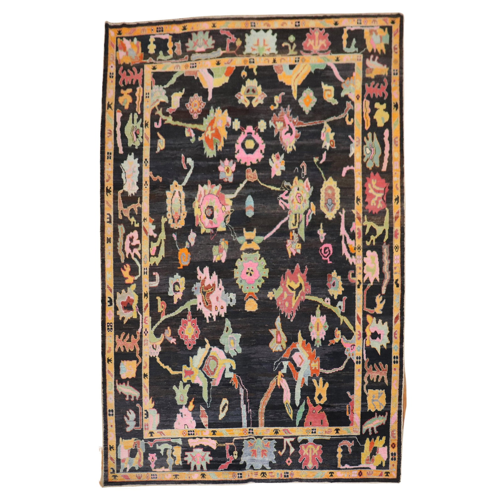 Unique Hand-Woven Turkish Oushak Rug 10' x 14'9'' Wool Multicolor: Unique Hand-Woven Turkish Oushak Rug 10' x 14'9'' Wool Multicolor This stunning contemporary Turkish Oushak inspired rug combines vibrant colors with a mid-century modern style. Hand-woven from 100% v