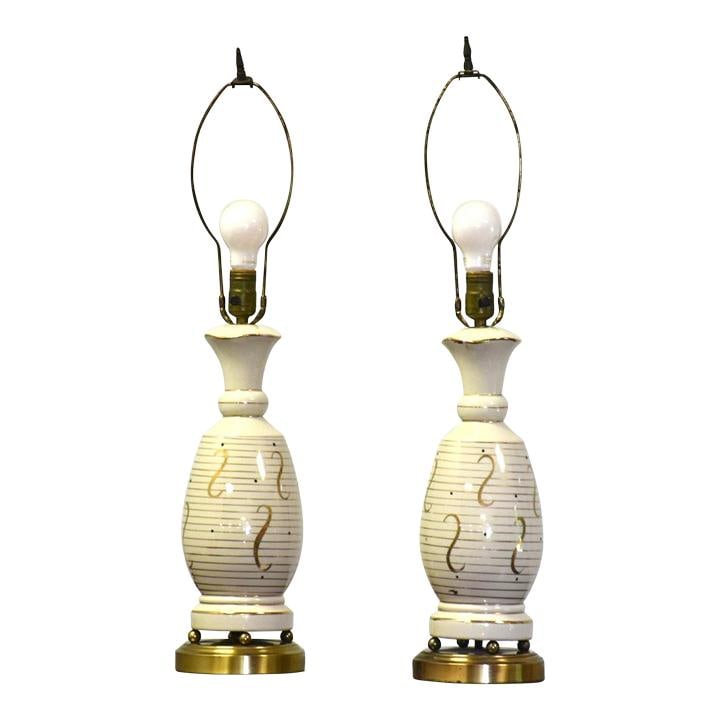Mid Century Pair of Ivory Brass Table Lamps 28.5 Inches Tall (1 of 4)