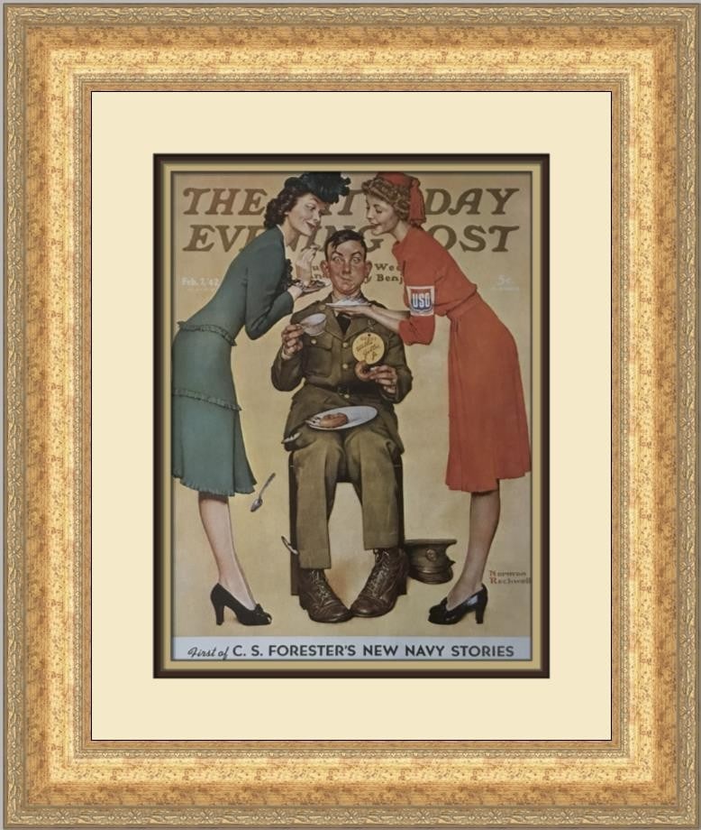 Norman Rockwell Willie At The U.S.O. Custom Framed Print 1979: Norman Rockwell Willie At The U.S.O. Custom Framed Print 1979 This stunning custom framed print, titled 'Willie At The U.S.O.', is a beautiful representation of Americana by renowned artist Norman Roc