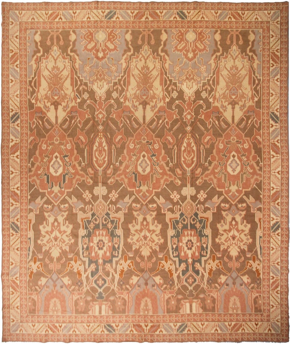 Geometric Wool Vintage French Art Deco Rug 11'4 x 13'2: Geometric Wool Vintage French Art Deco Rug 11'4 x 13'2 This vintage French Art Deco flatwoven area rug features a striking geometric Art Nouveau design in a soft palette of gold, peach, pink, brown, a