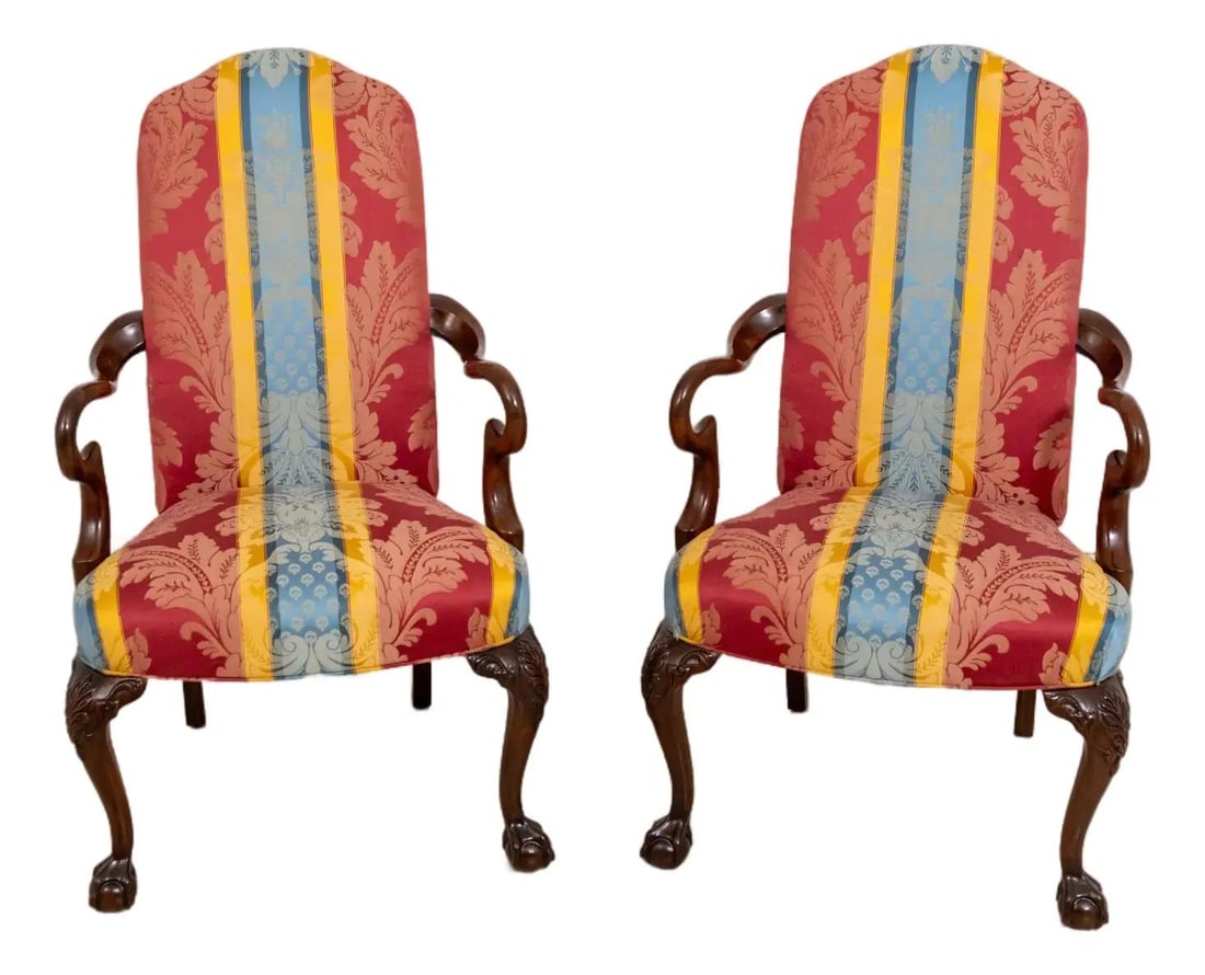 Elegant Pair of Southwood Mahogany Ball & Claw Armchairs with Damask Upholstery: Elegant Pair of Southwood Mahogany Ball & Claw Armchairs with Damask Upholstery This elegant pair of Southwood mahogany armchairs features a classic design with ball and claw feet, reminiscent of the 
