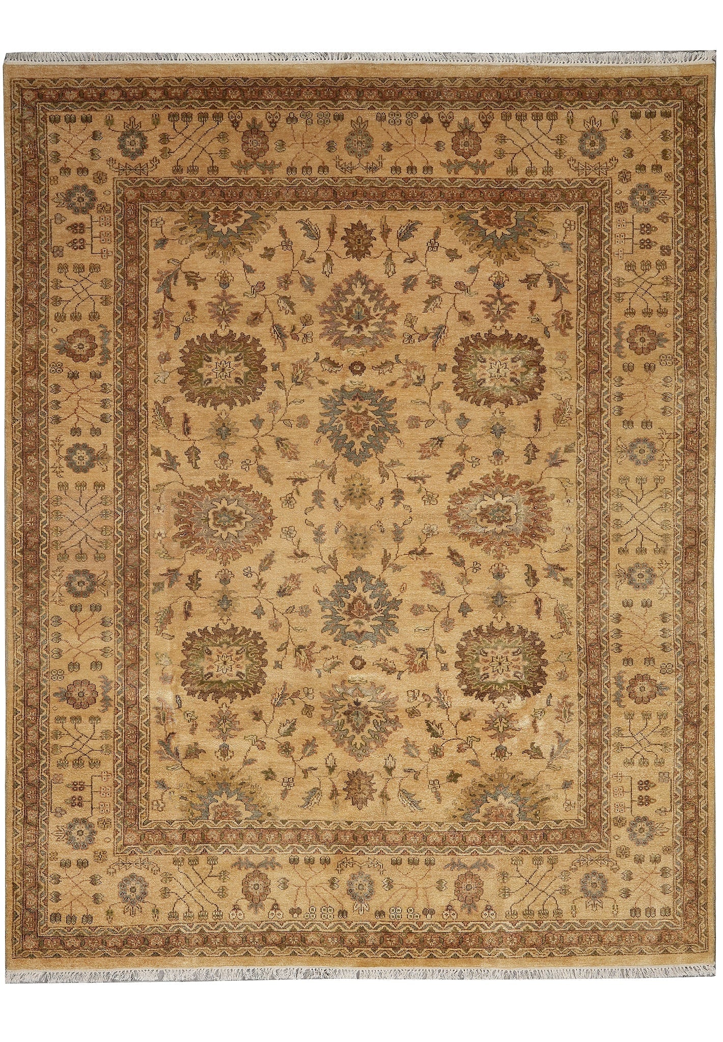 8 x 10 Handmade Oushak Rug Gold Wool: 8 x 10 Handmade Oushak Rug Gold Wool Free continental US Shipping This 8 x 10 handmade Oushak rug features a gold colorway with an intricate floral and geometric pattern. It is made of wool and hand-k
