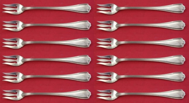 Reed and Barton Hepplewhite Sterling Silver Cocktail Fork Set 12 pcs: Reed and Barton Hepplewhite Sterling Silver Cocktail Fork Set 12 pcs Elevate your dining experience with this exquisite 12-piece cocktail fork set in the elegant Hepplewhite pattern by Reed and Barton