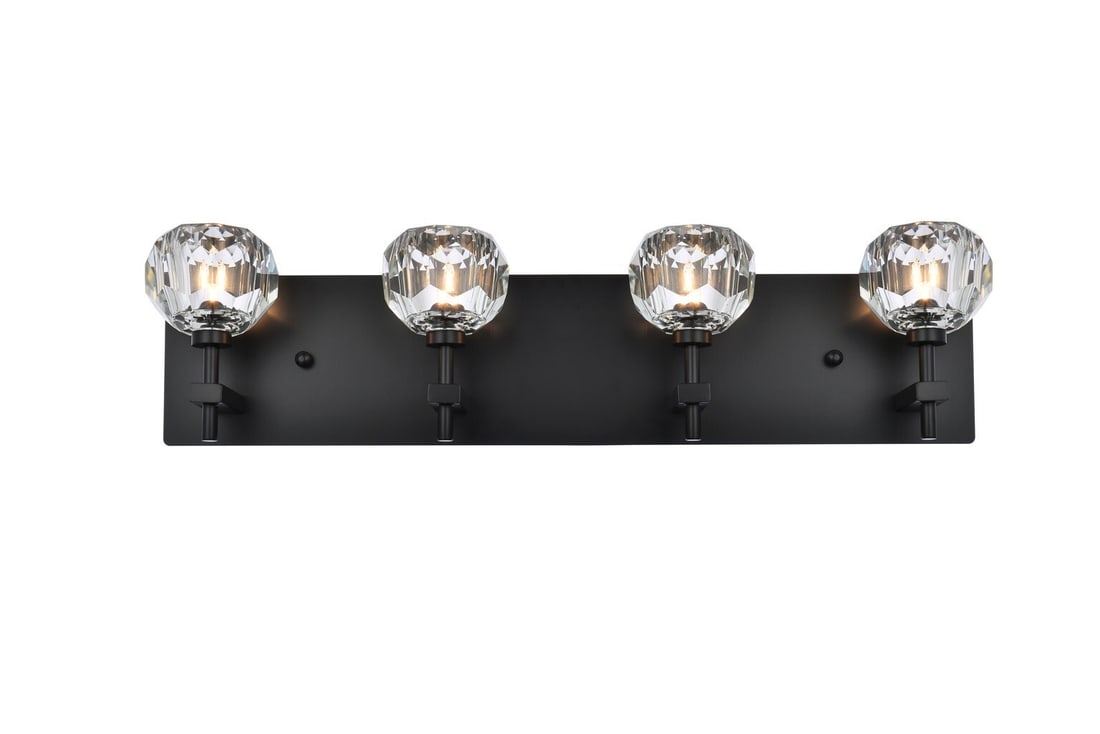 Graham 4-Light Black Crystal Wall Sconce 25.2 in: Graham 4-Light Black Crystal Wall Sconce 25.2 in This modern wall sconce features a sleek black iron frame and four clear crystal shades, offering a refined lighting solution for indoor spaces such as