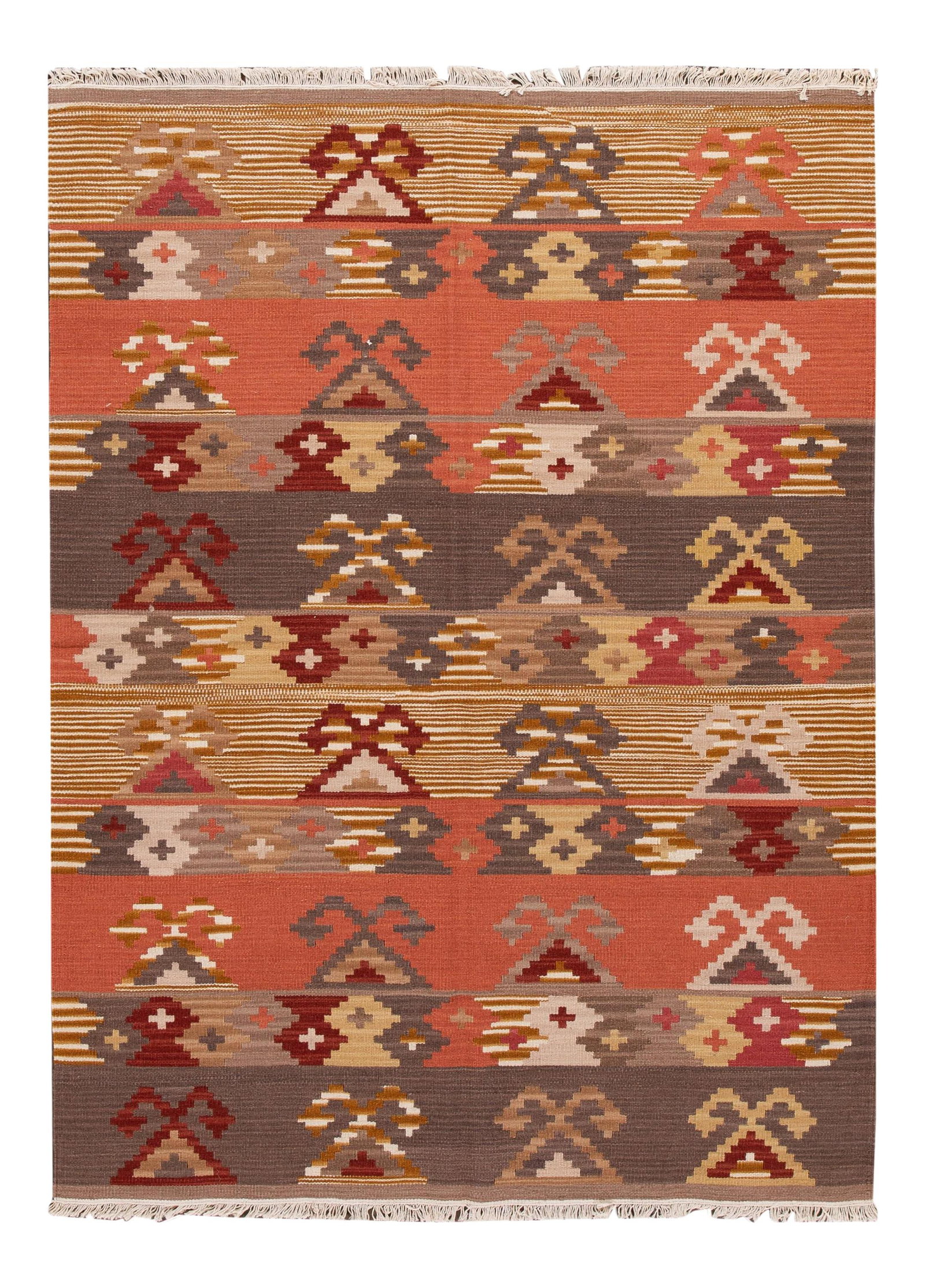 Modern Kilim Rug 4'9 x 6'8 Tan Wool Geometric Design: Modern Kilim Rug 4'9 x 6'8 Tan Wool Geometric Design Enhance your living space with this exquisite hand-woven modern Kilim rug, featuring a warm tan field enriched by vibrant multi-color accents in a 