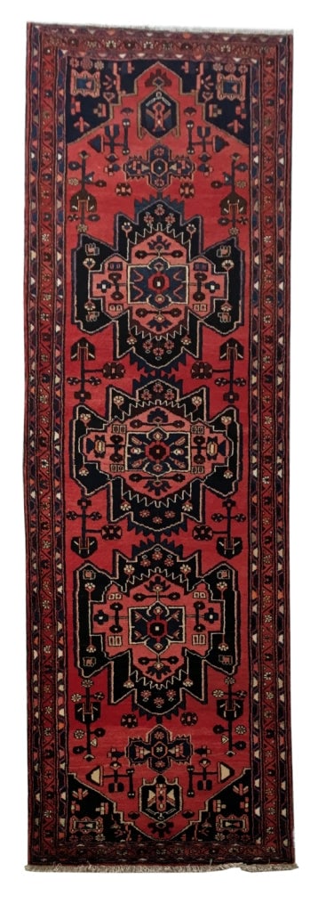 Handcrafted 4' x 10' Rust Red Persian Hamadan Rug: Handcrafted 4' x 10' Rust Red Persian Hamadan Rug Free continental US Shipping Enhance your living space with the striking 3.9 x 9.11 Rust Red Persian Hamadan Rug, meticulously handcrafted by skilled 