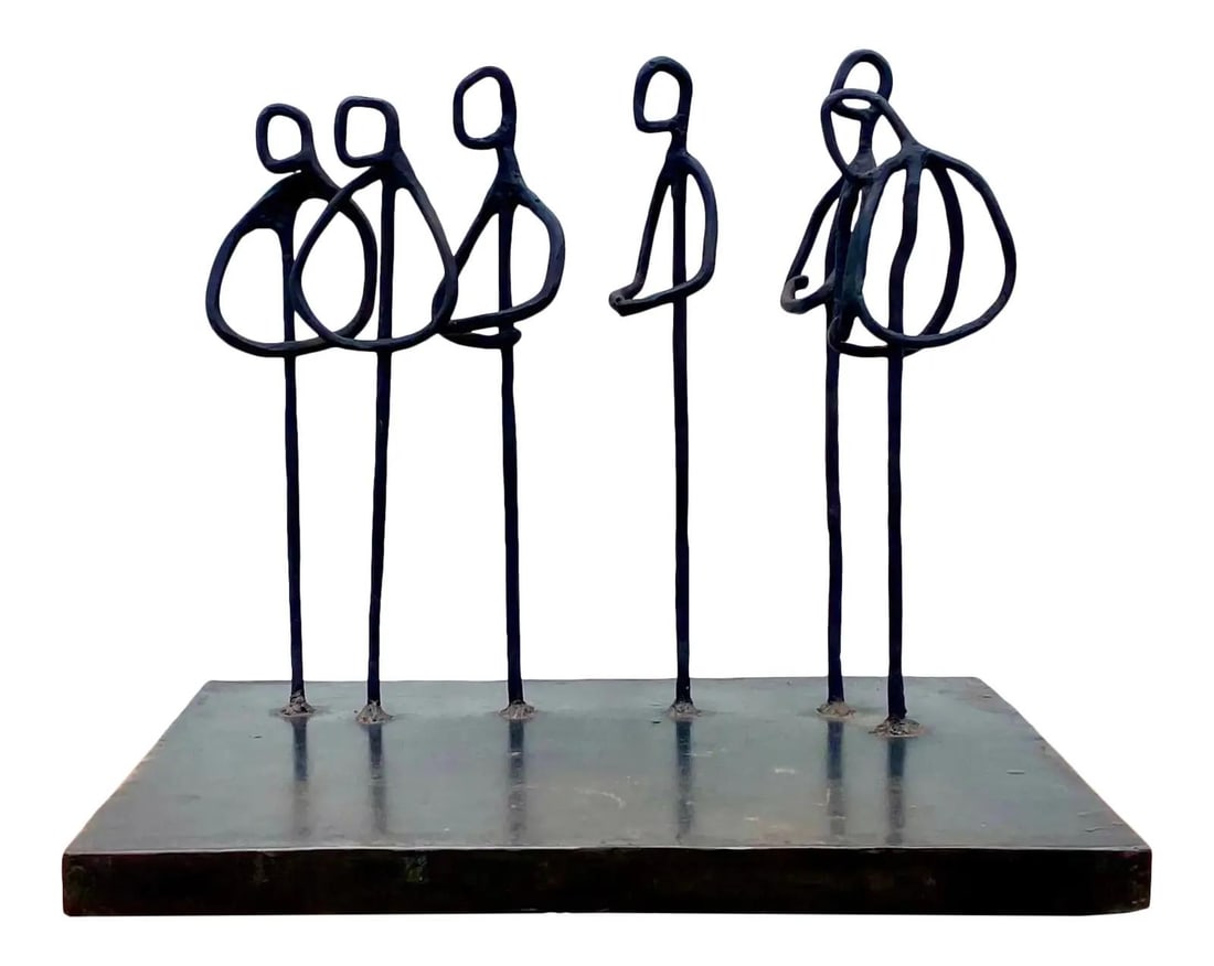 Signed ACS Vintage Iron Abstract Sculpture Gathering Bronze Finish: Signed ACS Vintage Iron Abstract Sculpture Gathering Bronze Finish This stunning vintage iron sculpture features an abstract composition of ring figures in a gathering, showcasing both beauty and simp