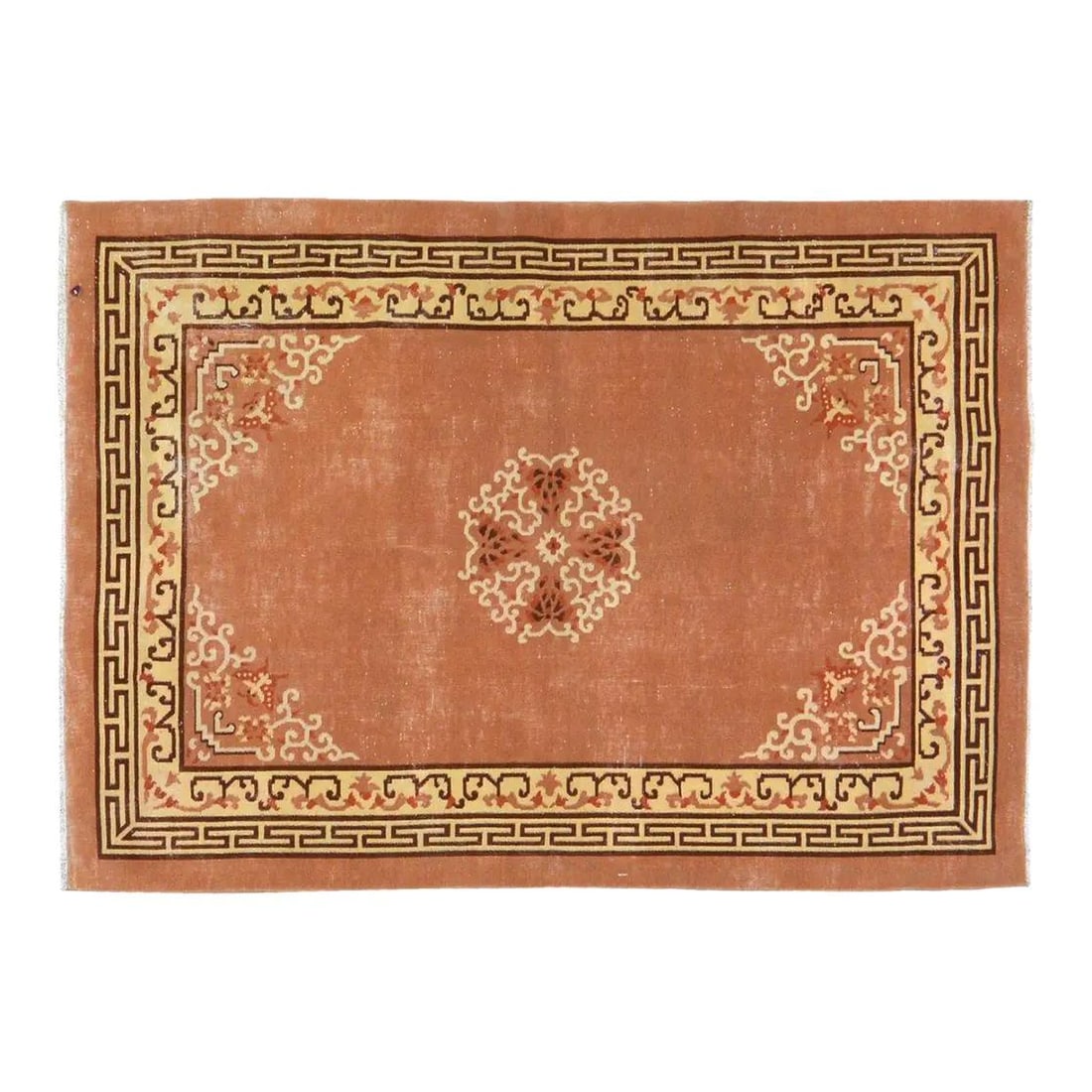 Hand Knotted Wool Art Deco Rug in Copper 4'x5'7'' Chinese Vintage: Hand Knotted Wool Art Deco Rug in Copper 4'x5'7'' Chinese Vintage This vintage Chinese Art Deco rug is hand-knotted from wool using traditional rug-making techniques. The rug features a rich copper co