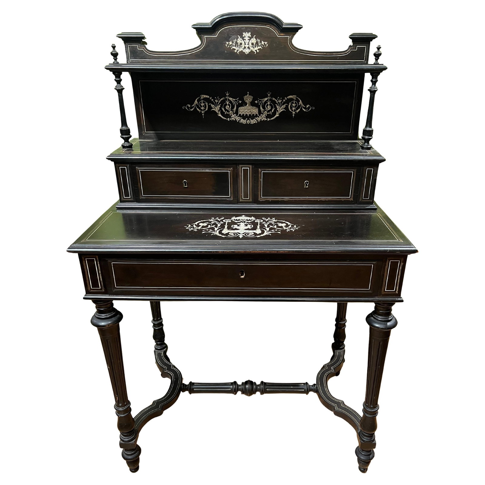 19th Century Italian Louis XIV Ebonized Desk with Brass Inlay: 19th Century Italian Louis XIV Ebonized Desk with Brass Inlay This exquisite 19th-century Italian desk is a stunning example of the Louis XIV style, showcasing the grandeur of Italian craftsmanship fr