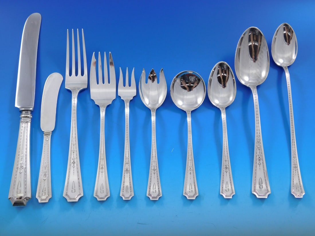 Durgin Colfax Sterling Silver Flatware Set 130 pcs Art Deco 12 Service: Durgin Colfax Sterling Silver Flatware Set 130 pcs Art Deco 12 Service Presenting the exquisite Colfax Sterling Silver Flatware Set by Durgin, a stunning collection that embodies the artistry of the e