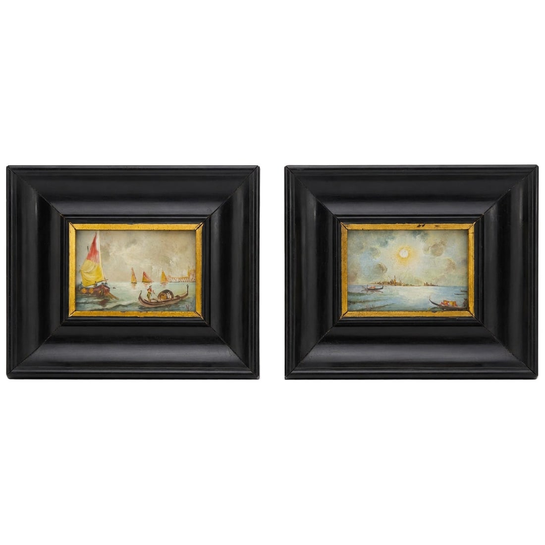 Set of 2 Venetian Miniature Harbor Paintings in Ebonized Frames (1 of 9)